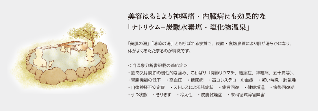 美容はもとより神経痛・内臓病にも効果的な
「ナトリウム−炭酸水素塩・塩化物温泉」。「美肌の湯」「清凉の湯」とも呼ばれる泉質で、炭酸・食塩泉質により肌が滑らかになり、体がよくあたたまるのが特徴です。＜当温泉分析書記載の適応症＞
・筋肉又は関節の慢性的な痛み、こわばり（関節リウマチ、腰痛症、神経痛、五十肩等）、
・胃腸機能の低下　・高血圧　・糖尿病　・高コレステロール血症　・軽い喘息・肺気腫
・自律神経不安定症　・ストレスによる諸症状　・疲労回復　・健康増進　・病後回復期
・うつ状態　・きりきず　・冷え性　・皮膚乾燥症　・末梢循環障害障害