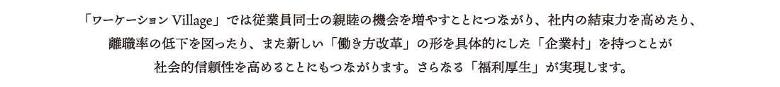 「ワーケーションVillage」では従業員同士の親睦の機会を増やすことにつながり、社内の結束力を高めたり、離職率の低下を図ったり、また新しい「働き方改革」の形を具体的にした「企業村」を持つことが社会的信頼性を高めることにもつながります。さらなる「福利厚生」が実現します。