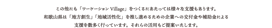 この他にも「ワーケーションVillage」をつくるにあたっては様々な支援もあります。和歌山県は「地方創生」「地域活性化」を推し進めるための企業への交付金や補助金による支援を数多く行っています。それらの活用もご提案いたします。